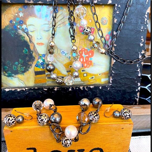Brighton CONTEMPO CHIC LONG Necklace Gunmetal Pearl Crystal Bracelet Earrings